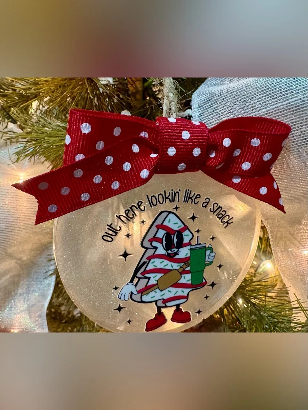 Holiday Debbie cake Ornament with Red Polka Dot Bow - Picture 1 of 1